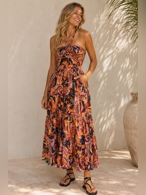 A.L.C. Adelle Dress Women’s Size 12 Russet Multi Halter Tiered Midi Quiet Luxury